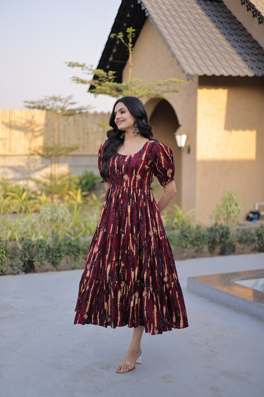 Womenline Maroon Color Printed Tiered Designer Tunic