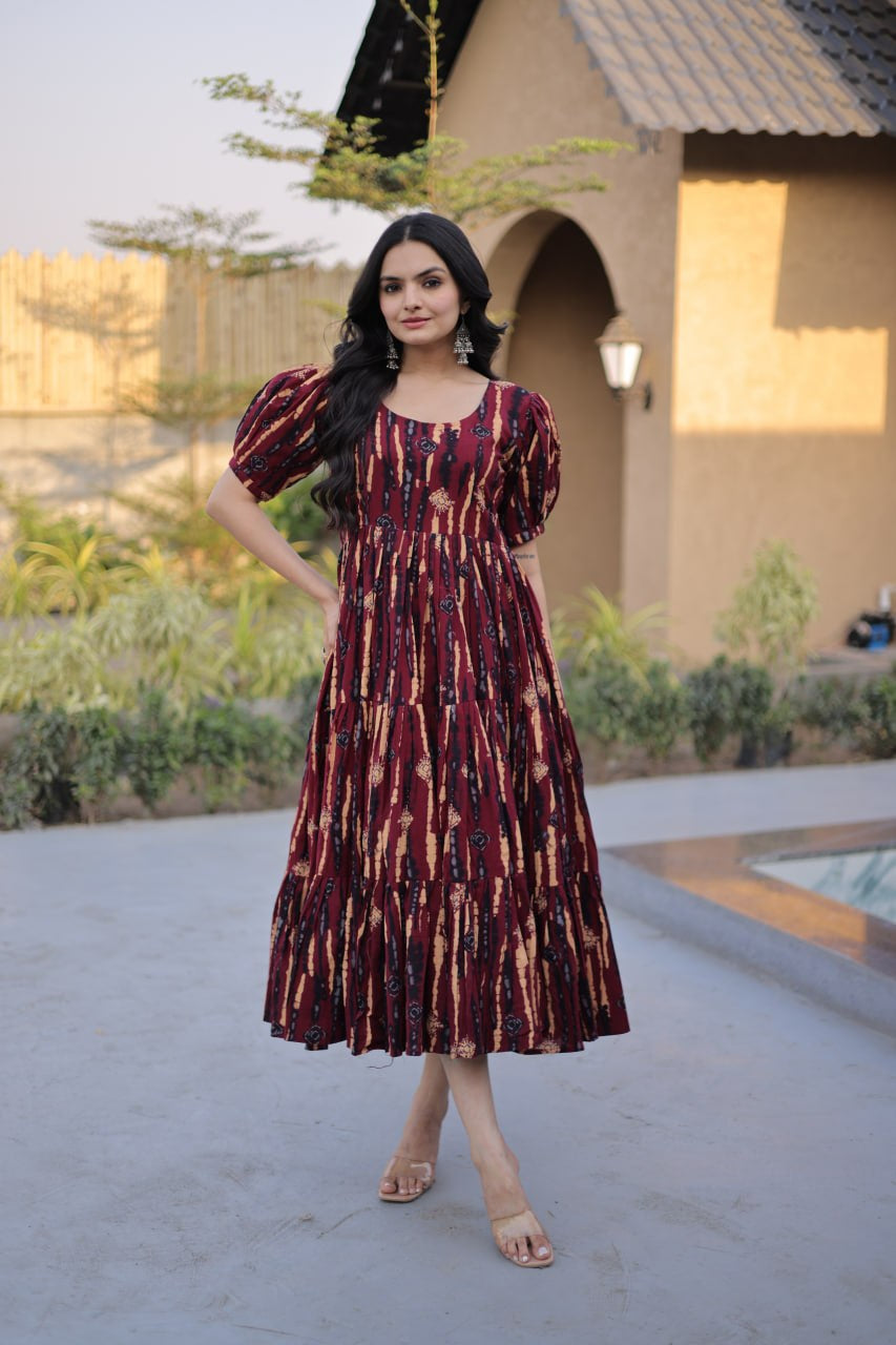Womenline Maroon Color Printed Tiered Designer Tunic