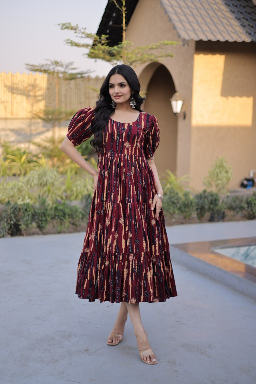 Womenline Maroon Color Printed Tiered Designer Tunic