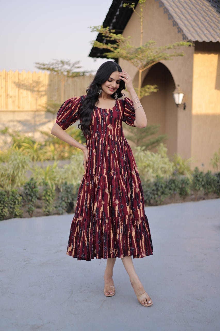 Womenline Maroon Color Printed Tiered Designer Tunic