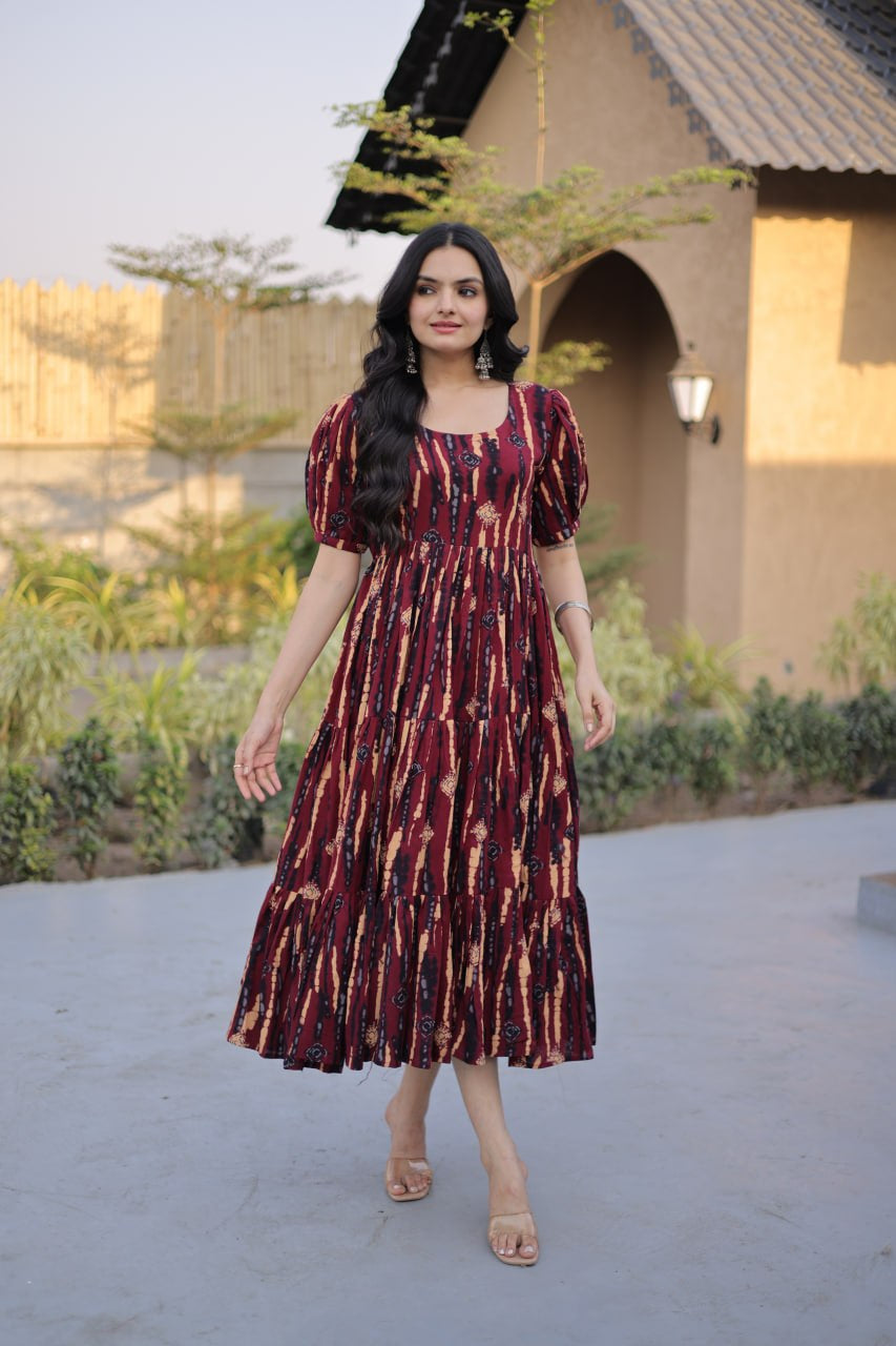 Womenline Maroon Color Printed Tiered Designer Tunic