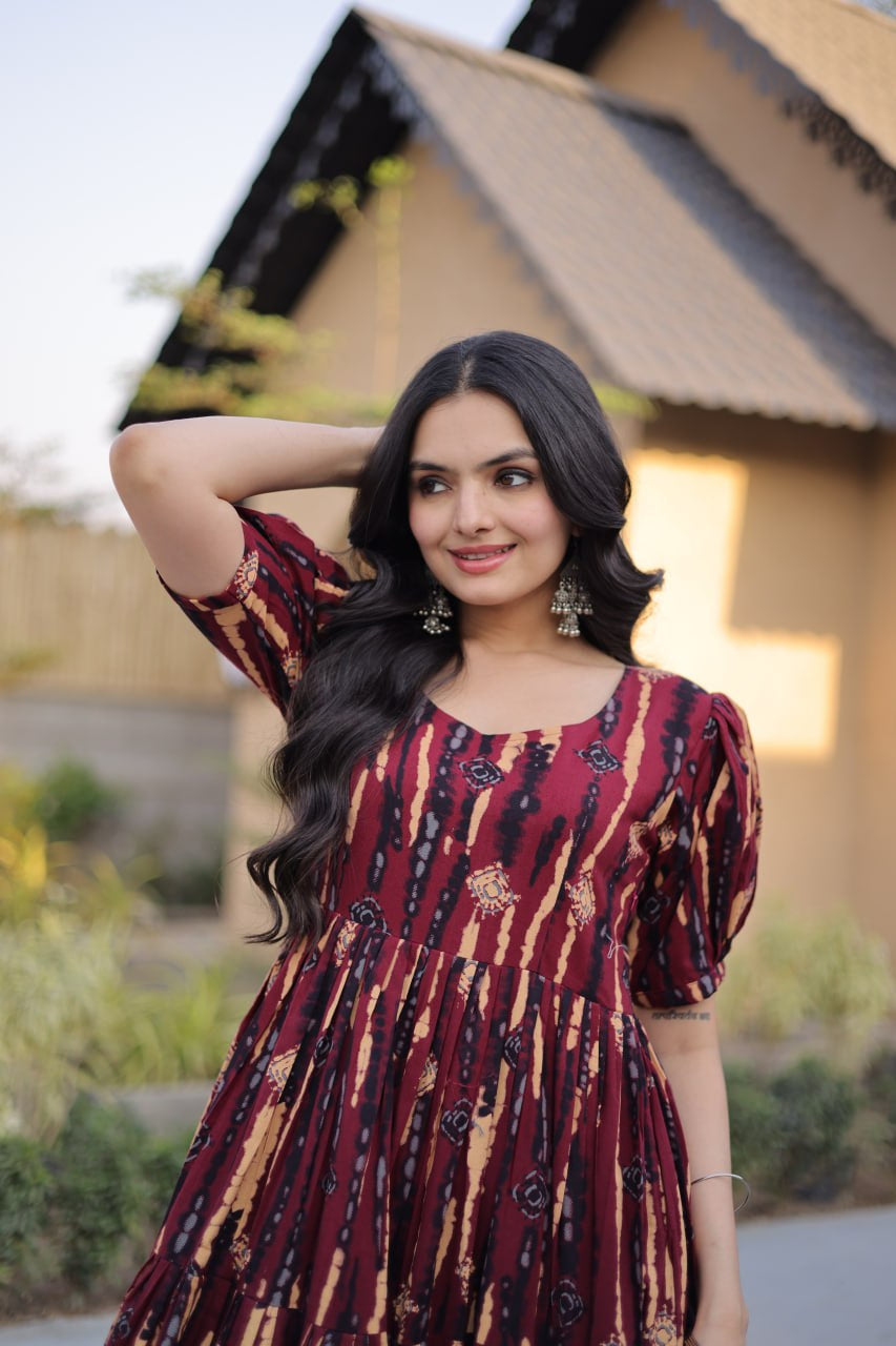 Womenline Maroon Color Printed Tiered Designer Tunic