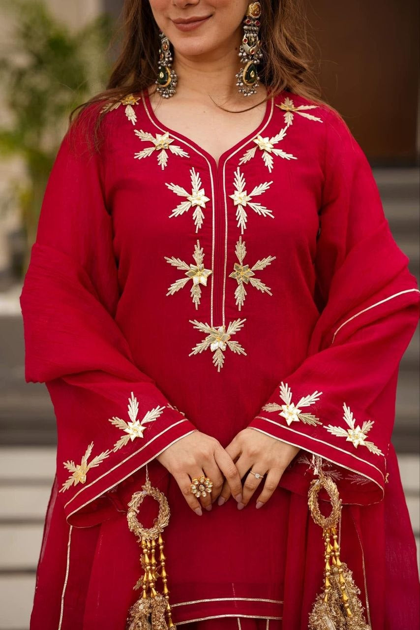 Womenline Ruby Red Embroidered Kurta Sharara Set with Dupatta