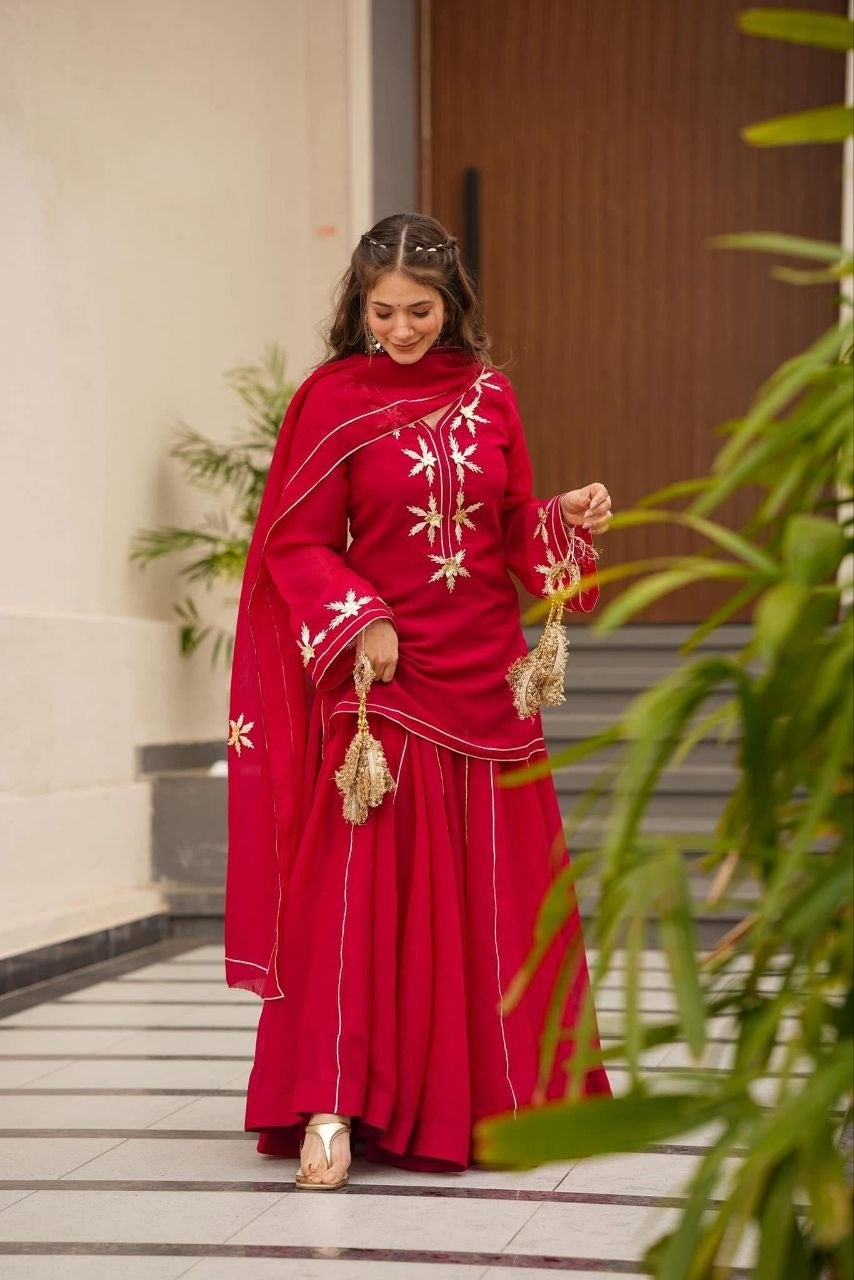 Womenline Ruby Red Embroidered Kurta Sharara Set with Dupatta