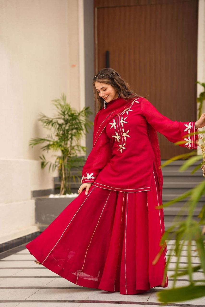 Womenline Ruby Red Embroidered Kurta Sharara Set with Dupatta