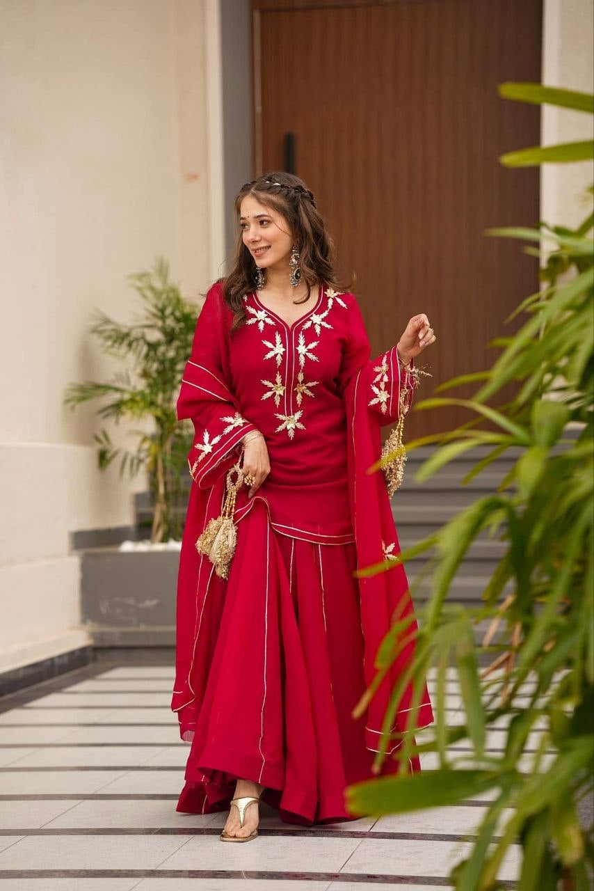 Womenline Ruby Red Embroidered Kurta Sharara Set with Dupatta