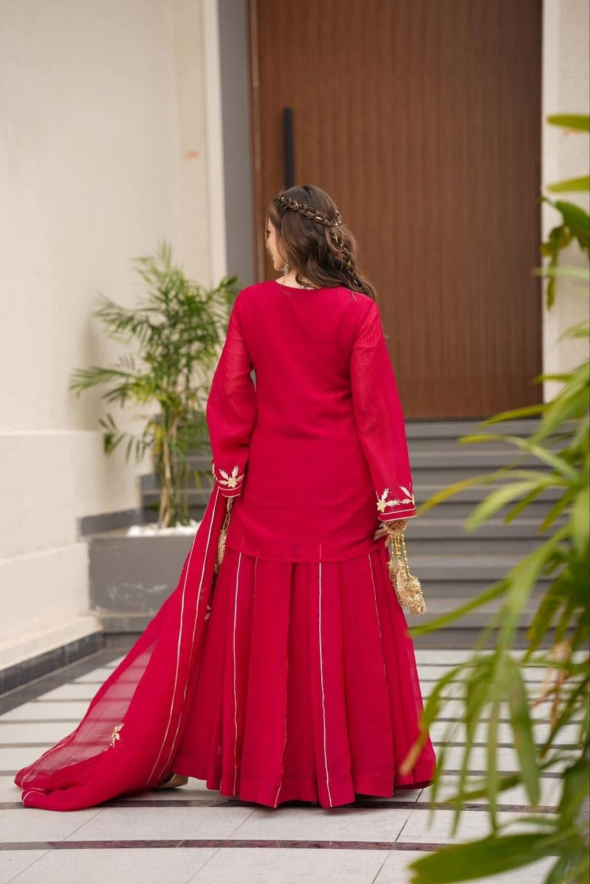 Womenline Ruby Red Embroidered Kurta Sharara Set with Dupatta