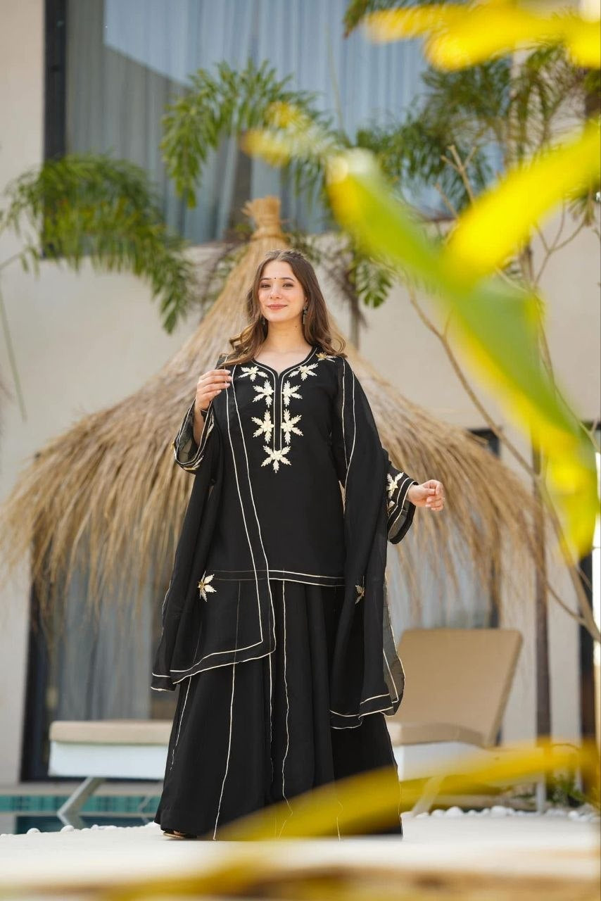 Womenline Black Embroidered Kurta Sharara Set with Dupatta