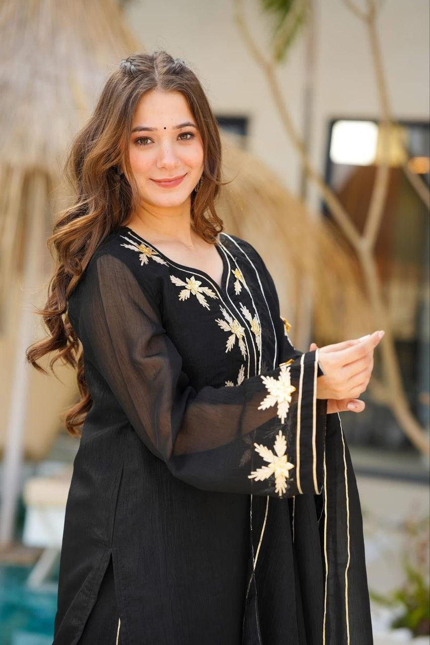Womenline Black Embroidered Kurta Sharara Set with Dupatta