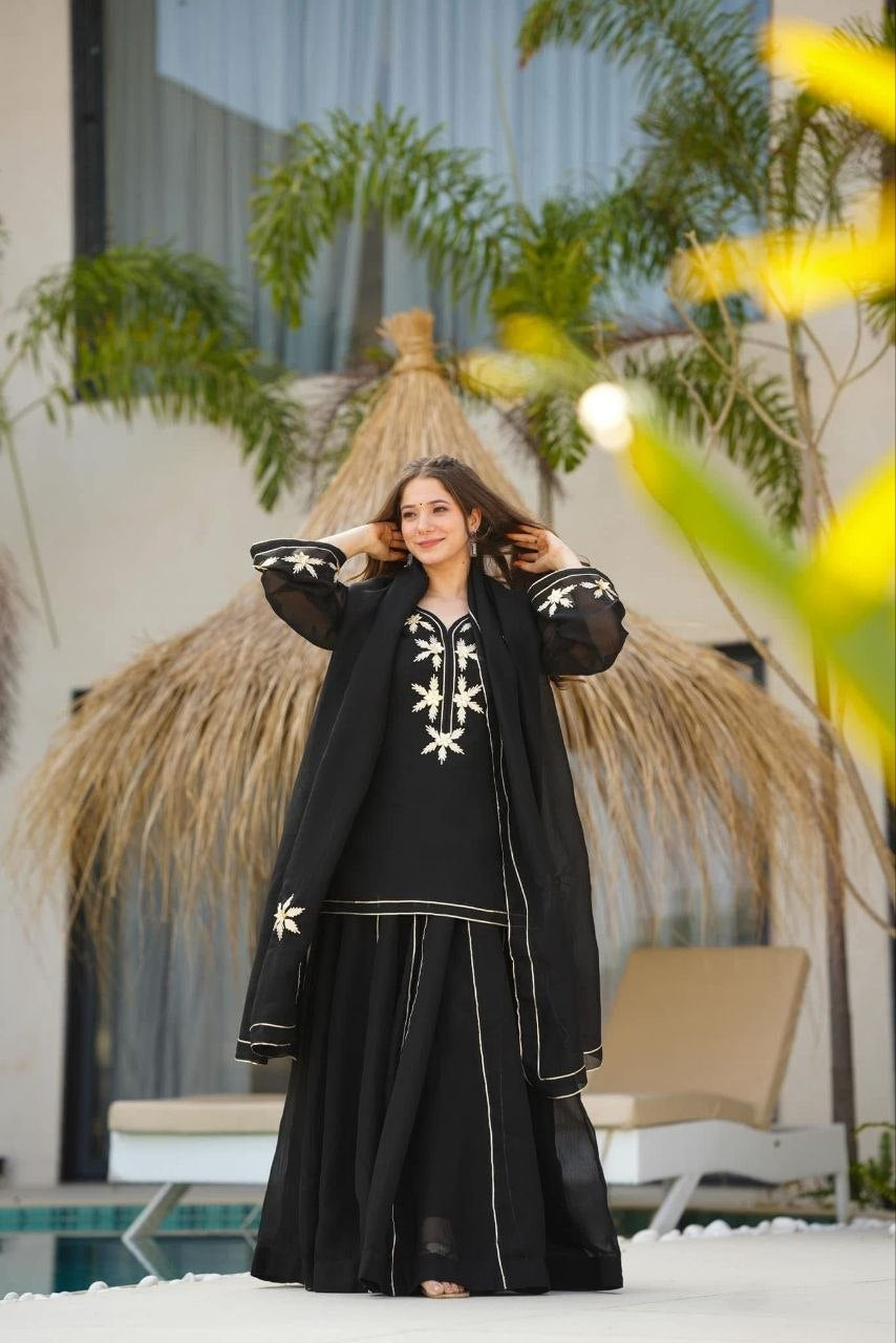Womenline Black Embroidered Kurta Sharara Set with Dupatta