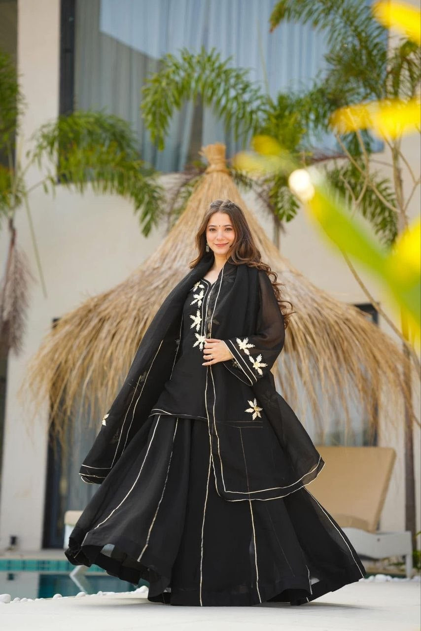 Womenline Black Embroidered Kurta Sharara Set with Dupatta