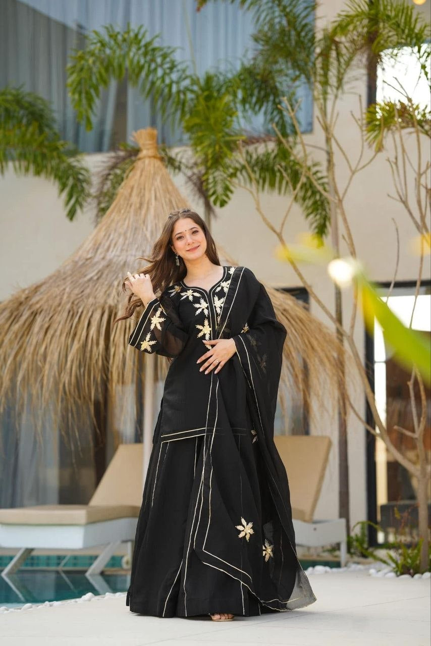 Womenline Black Embroidered Kurta Sharara Set with Dupatta