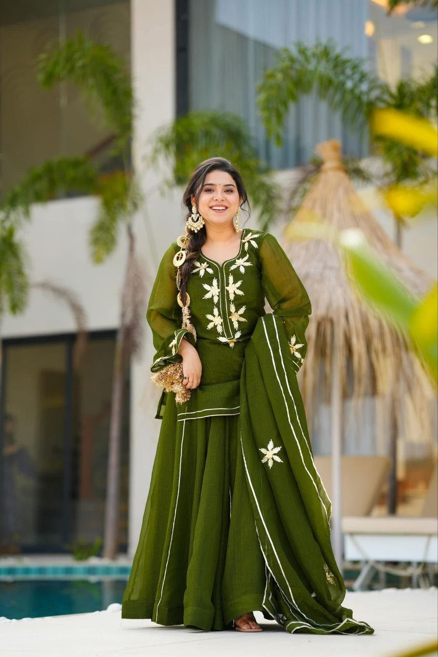 Womenline Olive Green Embroidered Kurta Sharara Set with Dupatta