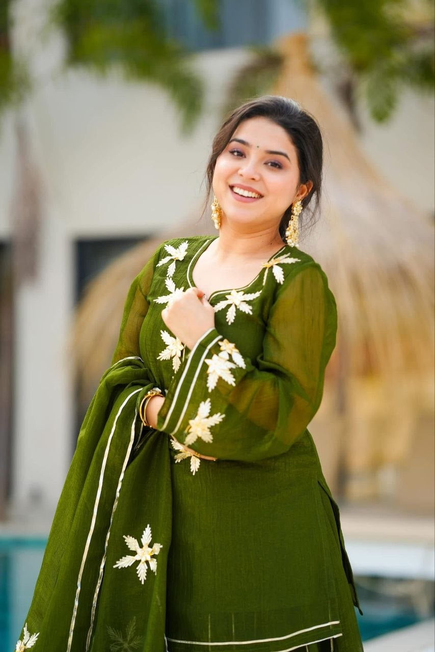 Womenline Olive Green Embroidered Kurta Sharara Set with Dupatta