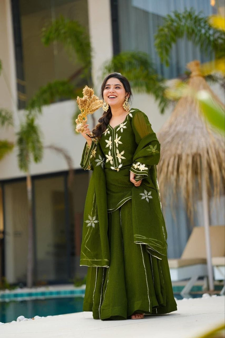 Womenline Olive Green Embroidered Kurta Sharara Set with Dupatta