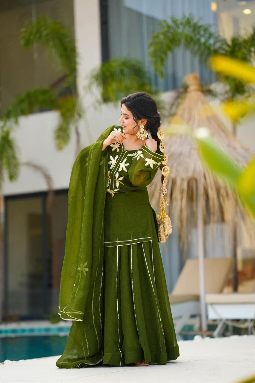 Womenline Olive Green Embroidered Kurta Sharara Set with Dupatta