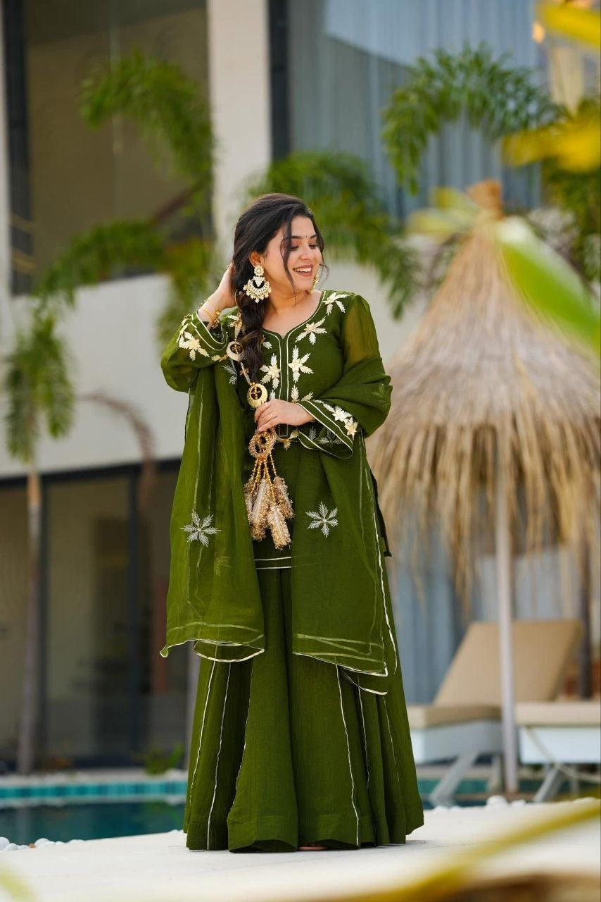 Womenline Olive Green Embroidered Kurta Sharara Set with Dupatta