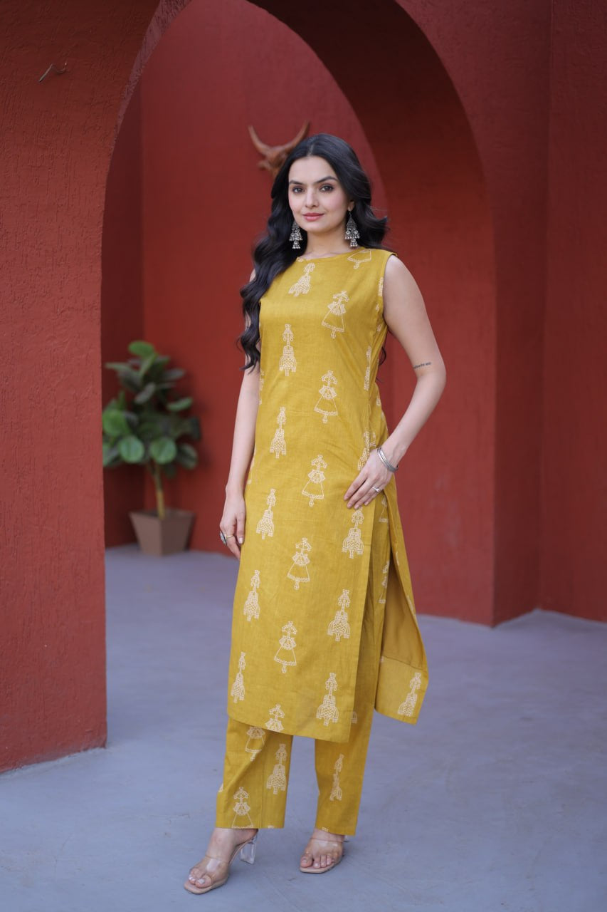 Womenline Mustard Yellow Printed Kurta Set with Straight Pants