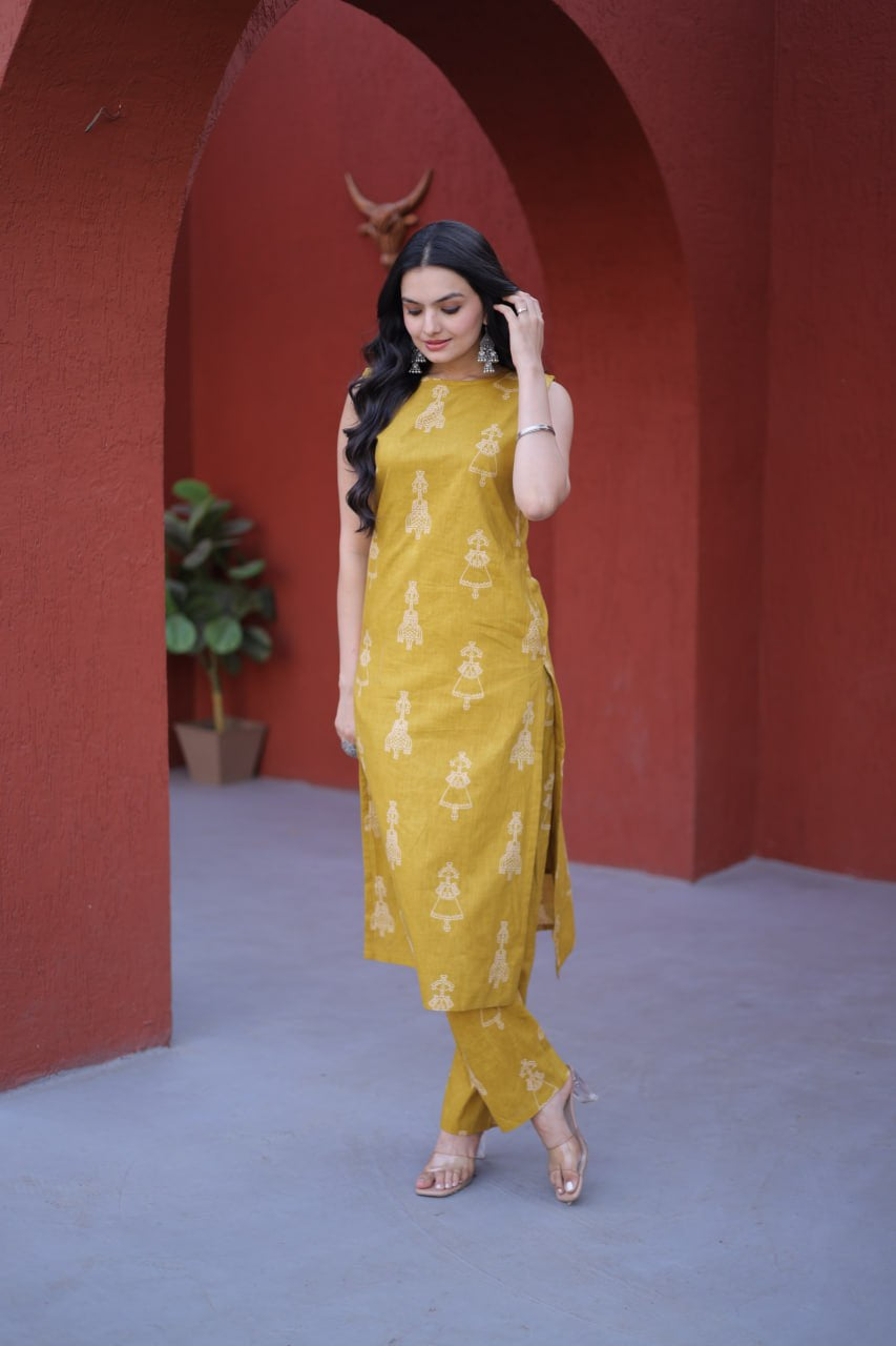 Womenline Mustard Yellow Printed Kurta Set with Straight Pants
