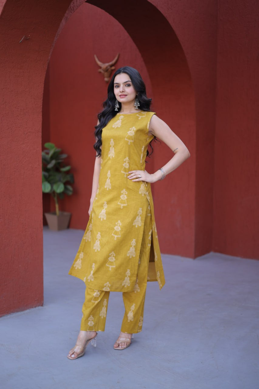 Womenline Mustard Yellow Printed Kurta Set with Straight Pants