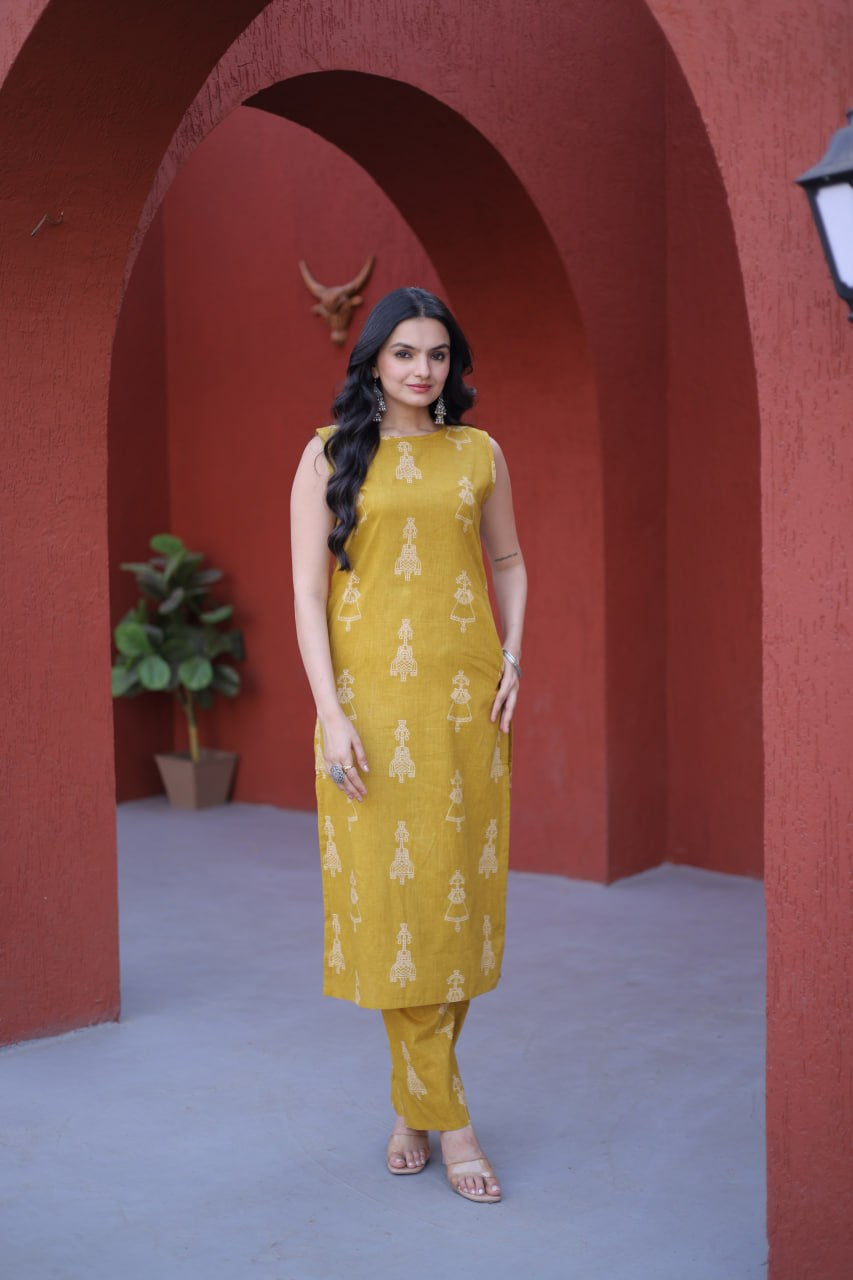 Womenline Mustard Yellow Printed Kurta Set with Straight Pants