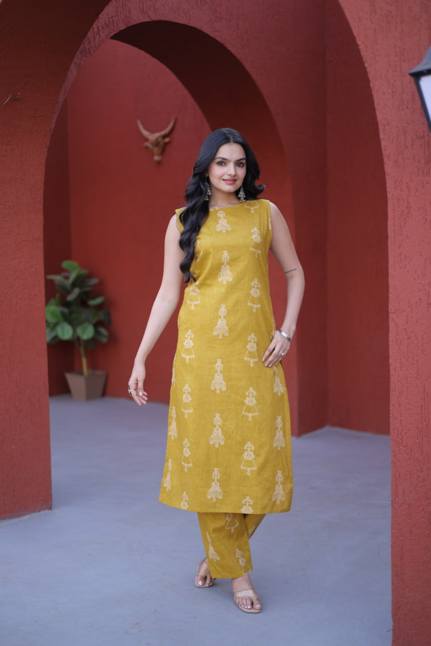Womenline Mustard Yellow Printed Kurta Set with Straight Pants