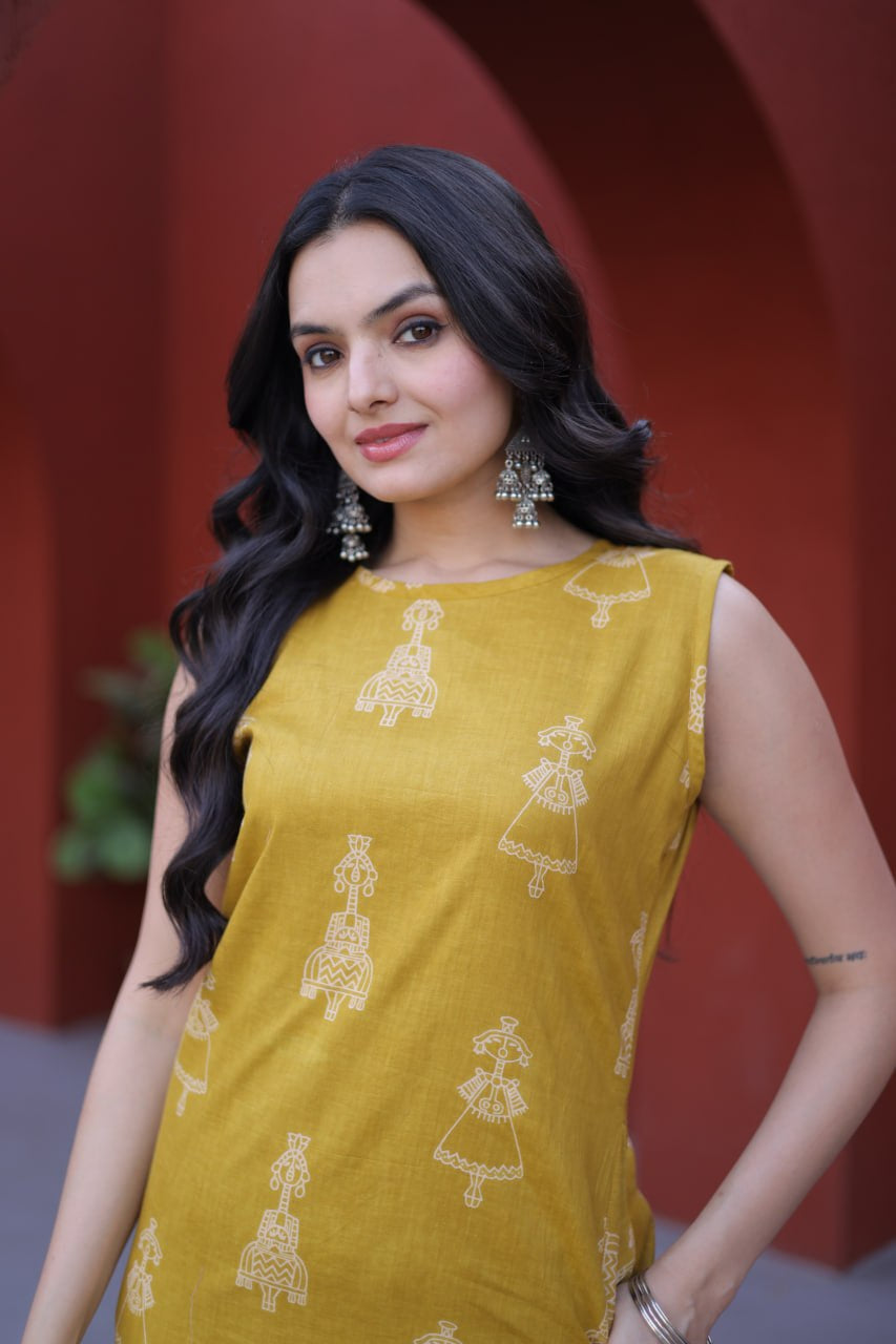 Womenline Mustard Yellow Printed Kurta Set with Straight Pants