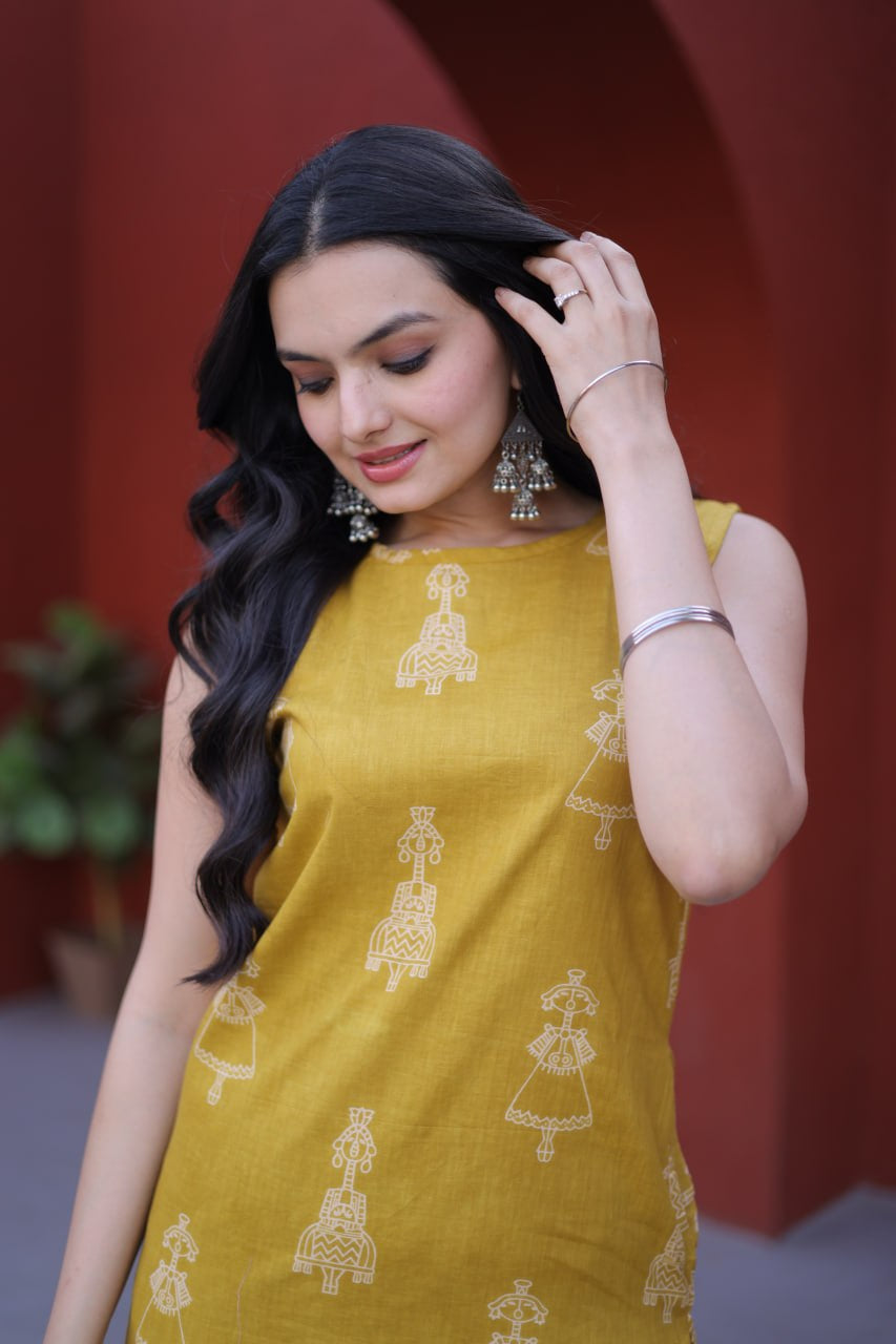 Womenline Mustard Yellow Printed Kurta Set with Straight Pants