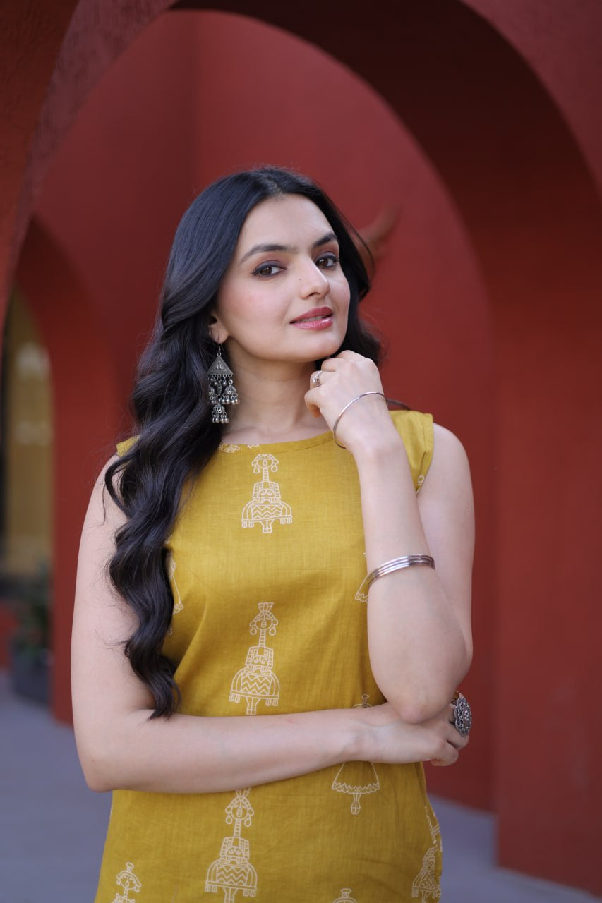 Womenline Mustard Yellow Printed Kurta Set with Straight Pants