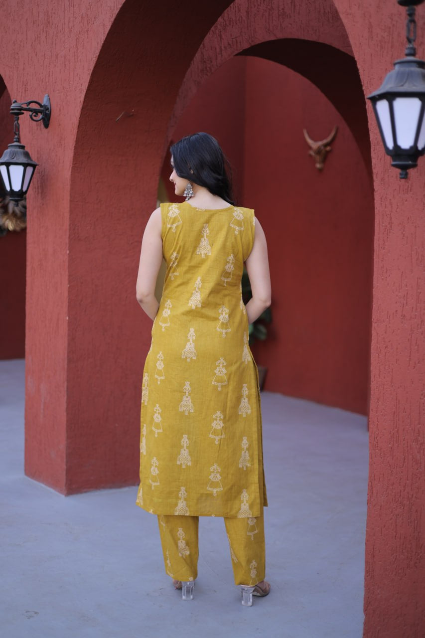Womenline Mustard Yellow Printed Kurta Set with Straight Pants