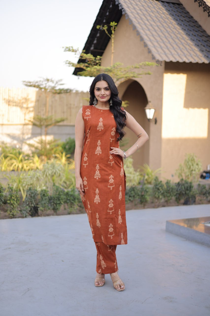 Womenline Rust Brown Printed Kurta Set with Straight Pants