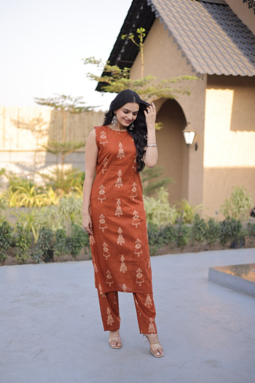 Womenline Rust Brown Printed Kurta Set with Straight Pants