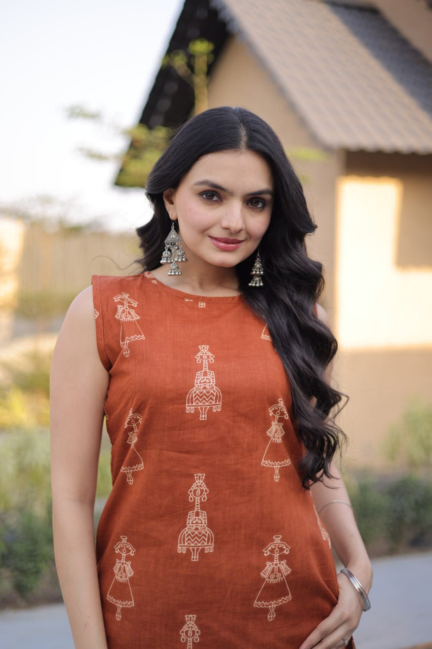 Womenline Rust Brown Printed Kurta Set with Straight Pants
