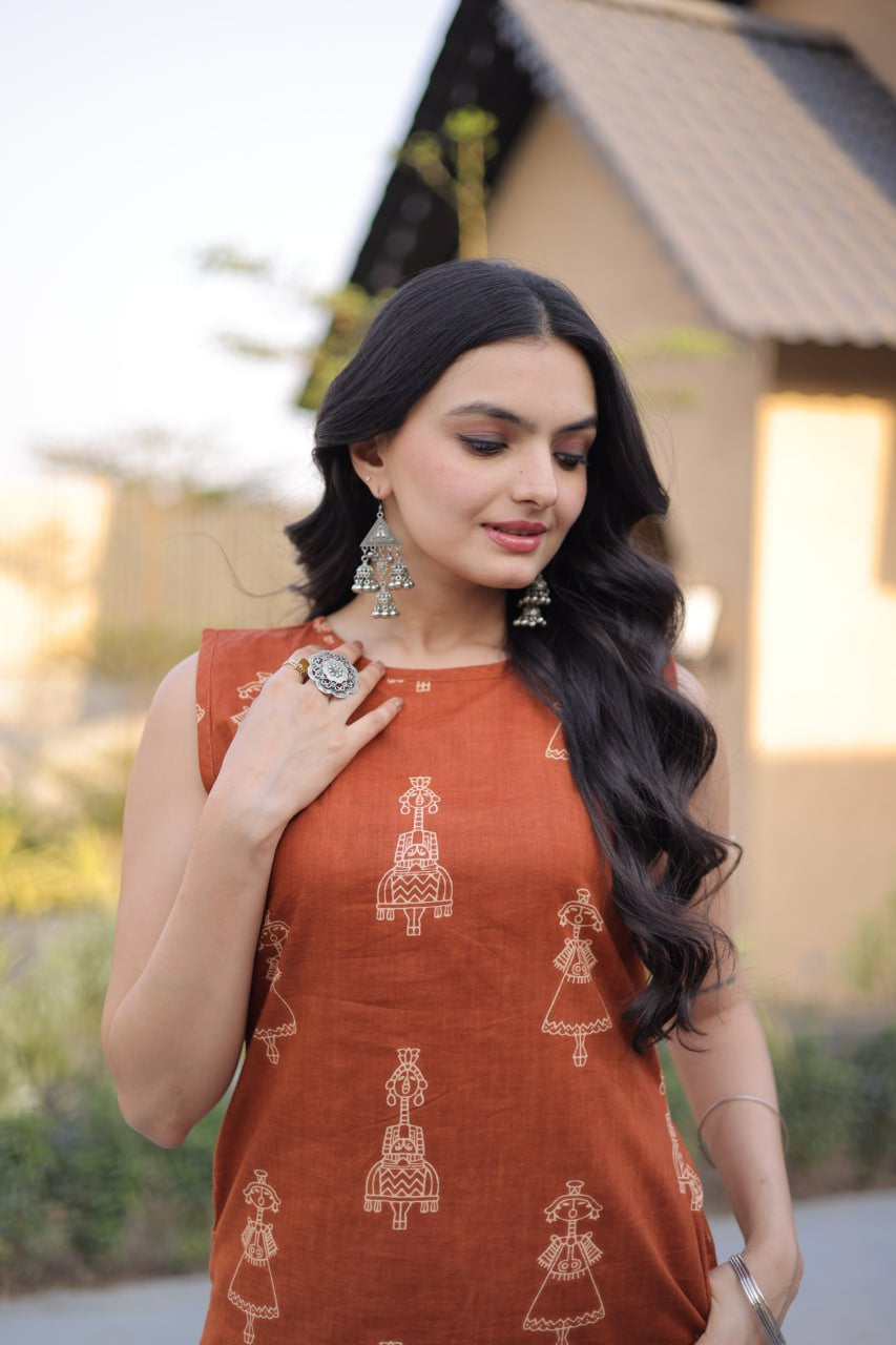 Womenline Rust Brown Printed Kurta Set with Straight Pants
