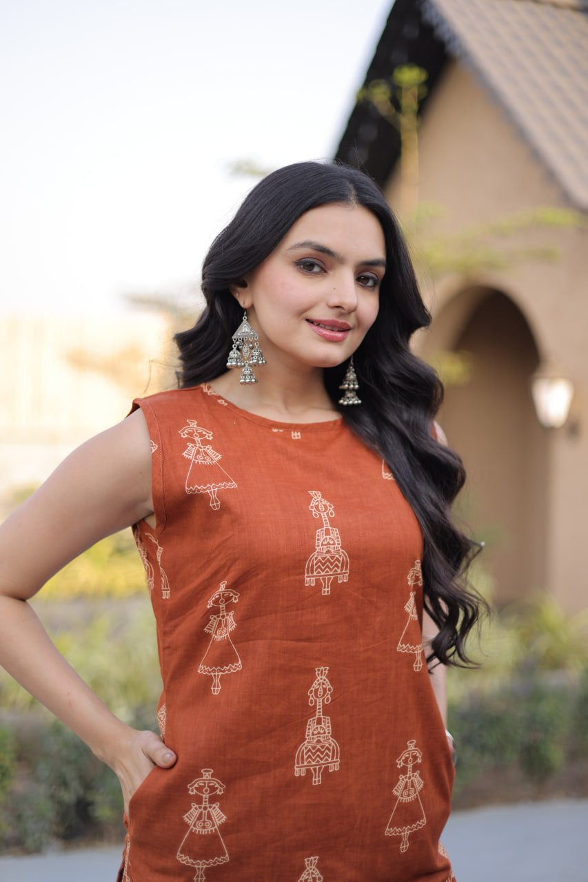 Womenline Rust Brown Printed Kurta Set with Straight Pants