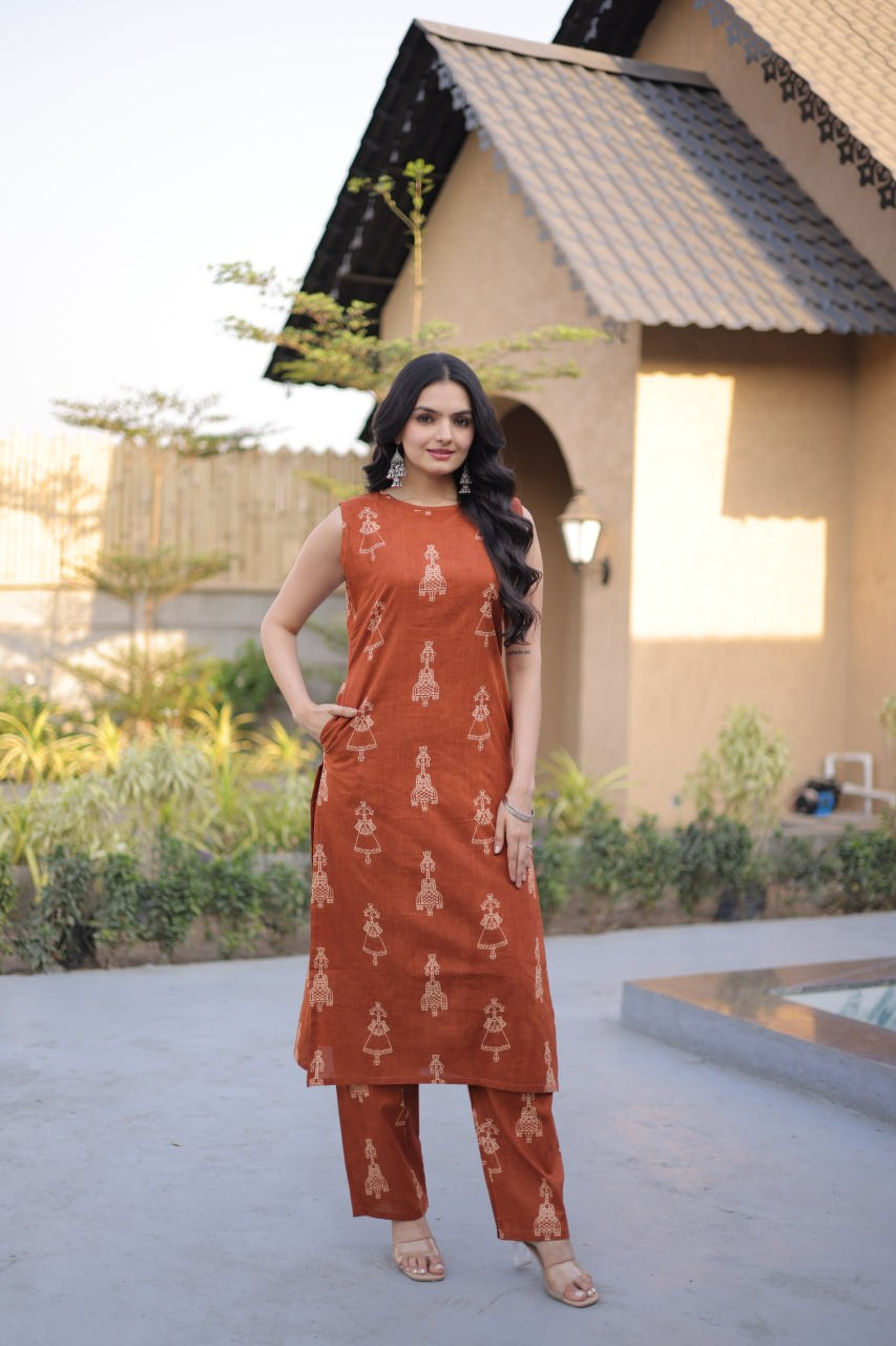Womenline Rust Brown Printed Kurta Set with Straight Pants