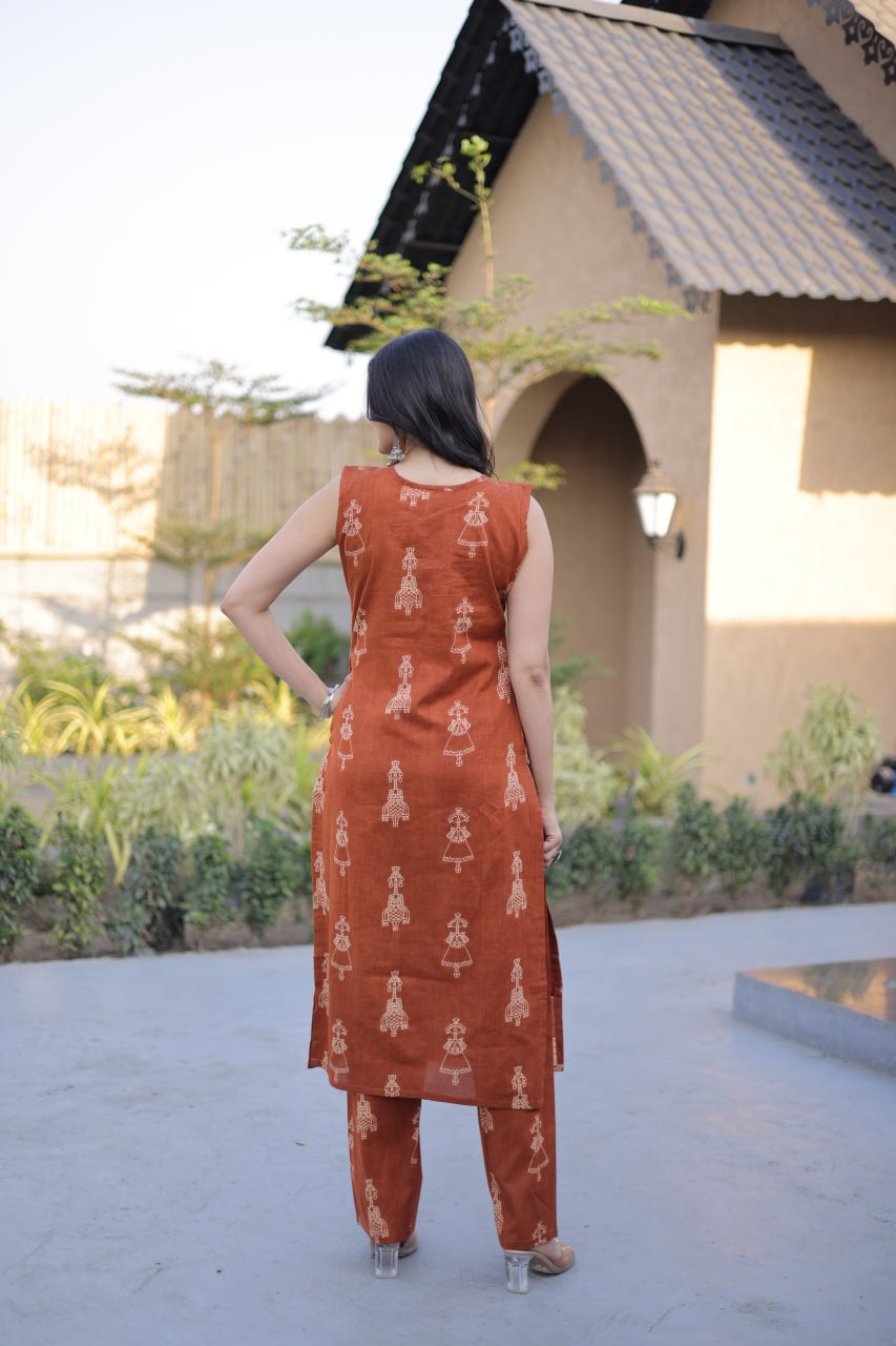 Womenline Rust Brown Printed Kurta Set with Straight Pants