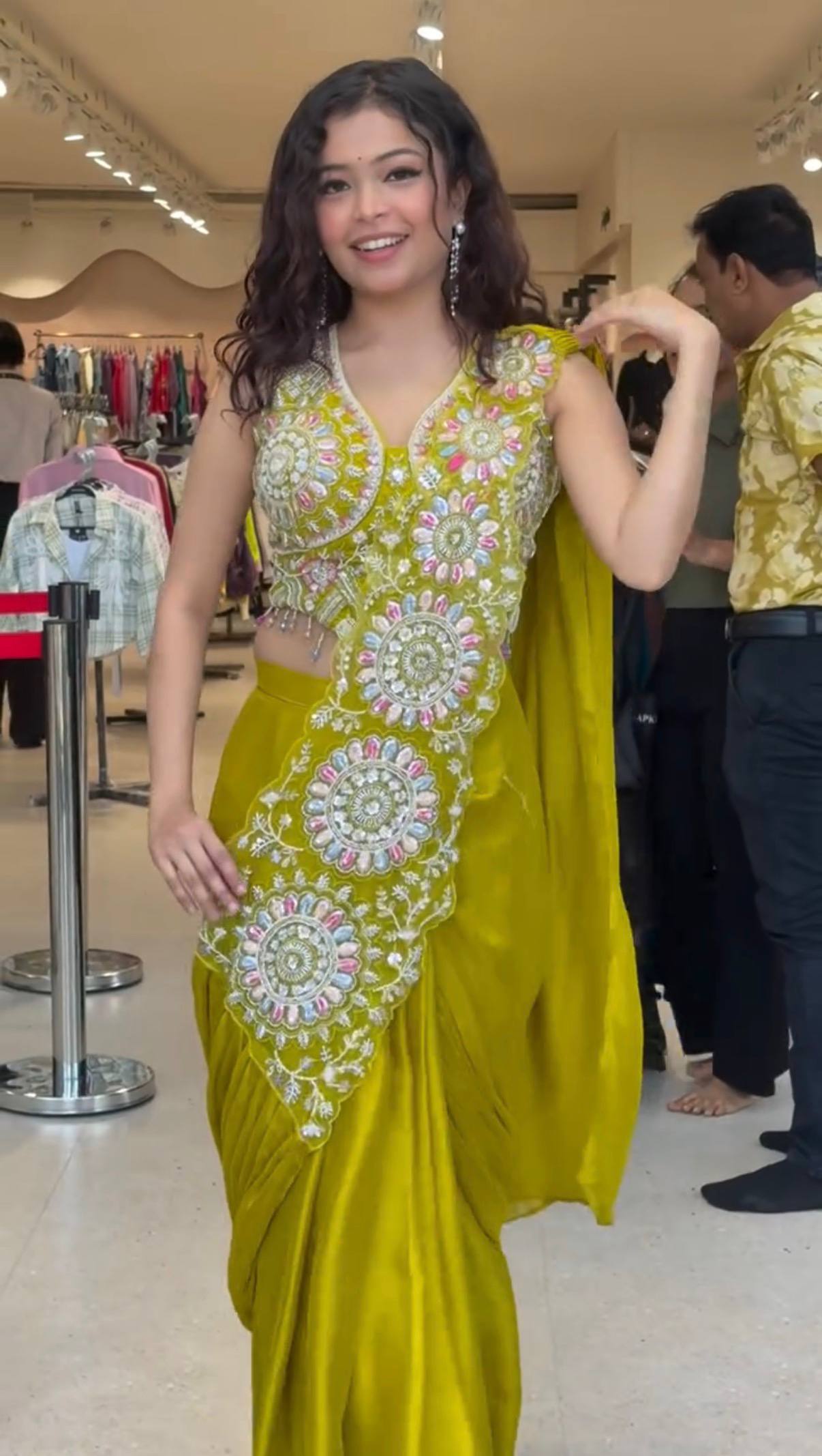 Womenline Olive Green Embroidered Pre-Draped Saree Set with Statement Blouse