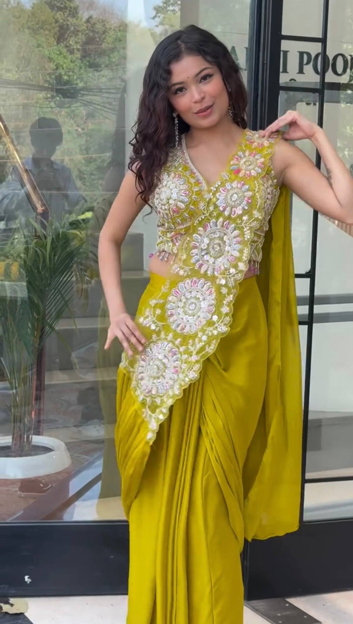 Womenline Olive Green Embroidered Pre-Draped Saree Set with Statement Blouse