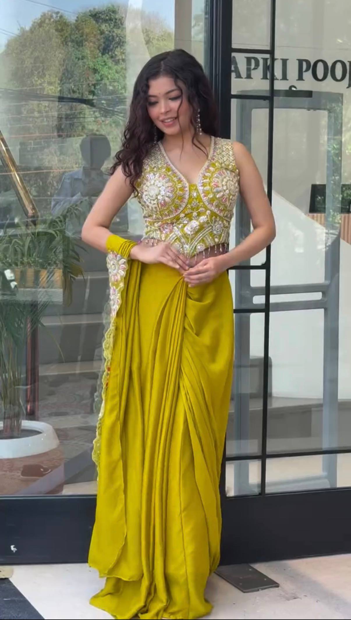 Womenline Olive Green Embroidered Pre-Draped Saree Set with Statement Blouse
