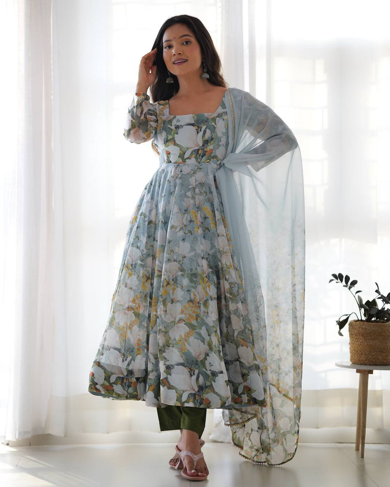 Womenline Green Color Pure Soft Organza Three Piece Anarkali Suit