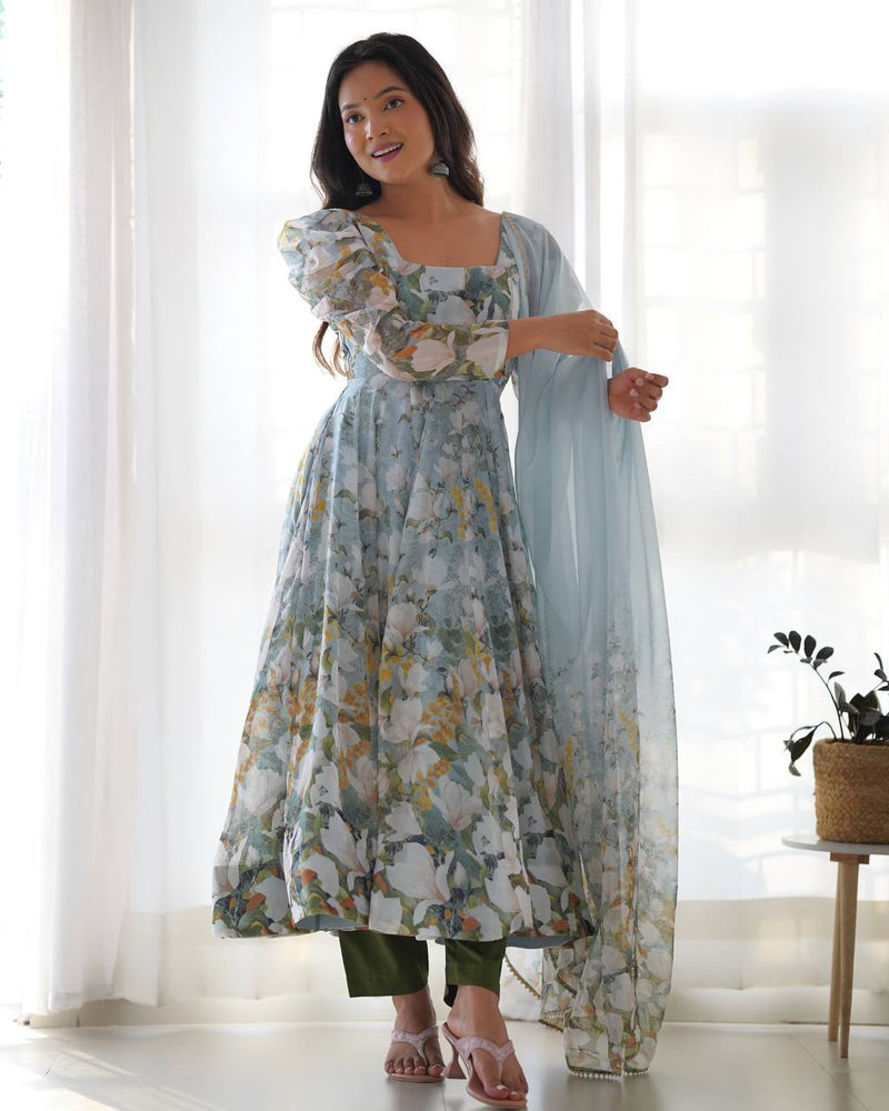 Womenline Green Color Pure Soft Organza Three Piece Anarkali Suit