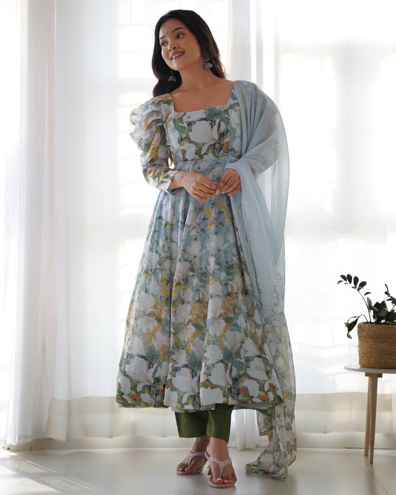 Womenline Green Color Pure Soft Organza Three Piece Anarkali Suit