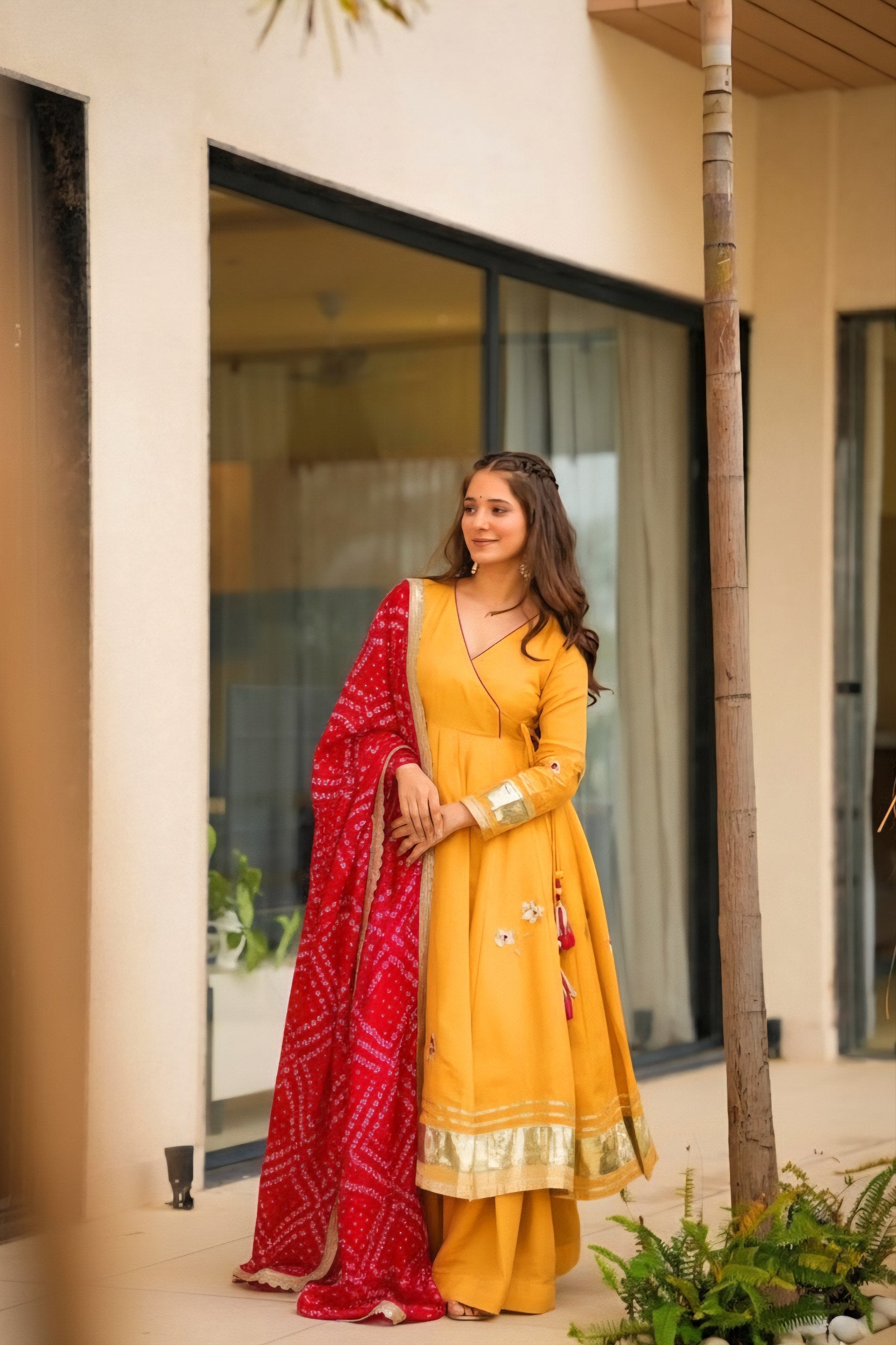 Womenline Mustard Yellow Anarkali Suit Set with Bandhani Dupatta