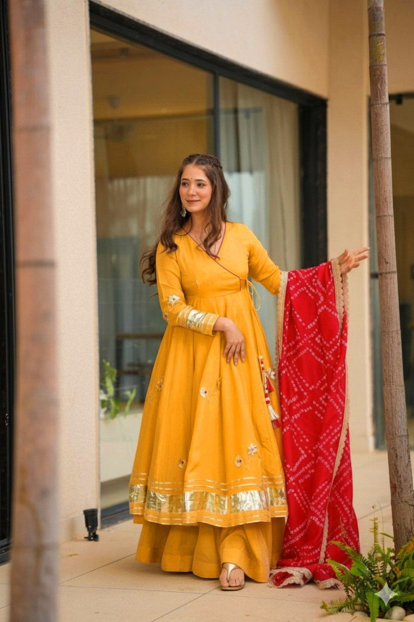 Womenline Mustard Yellow Anarkali Suit Set with Bandhani Dupatta