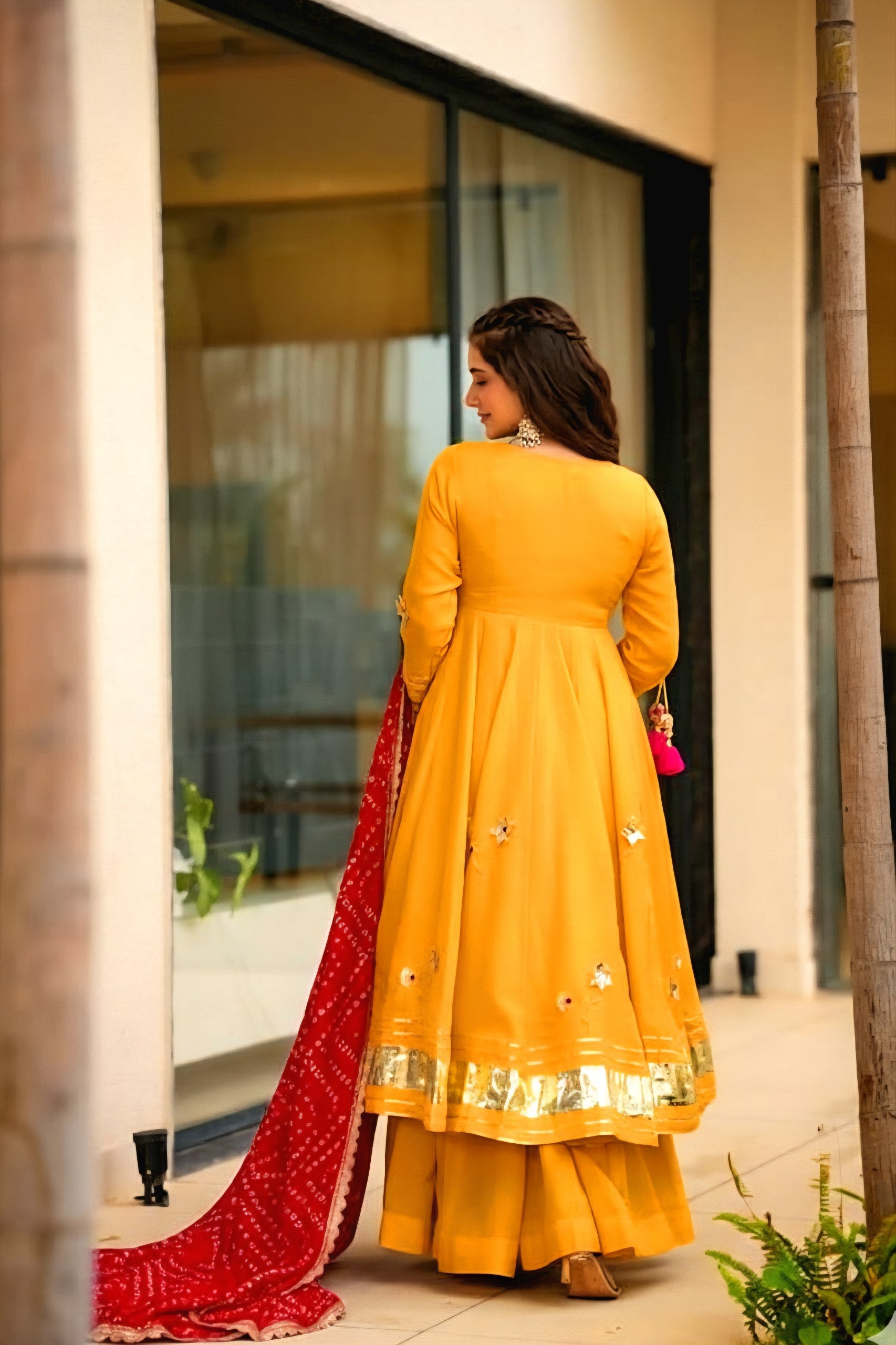 Womenline Mustard Yellow Anarkali Suit Set with Bandhani Dupatta