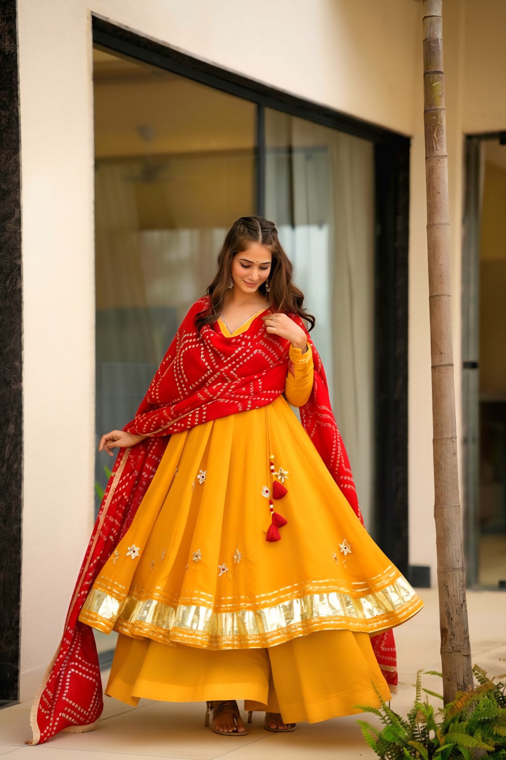 Womenline Mustard Yellow Anarkali Suit Set with Bandhani Dupatta