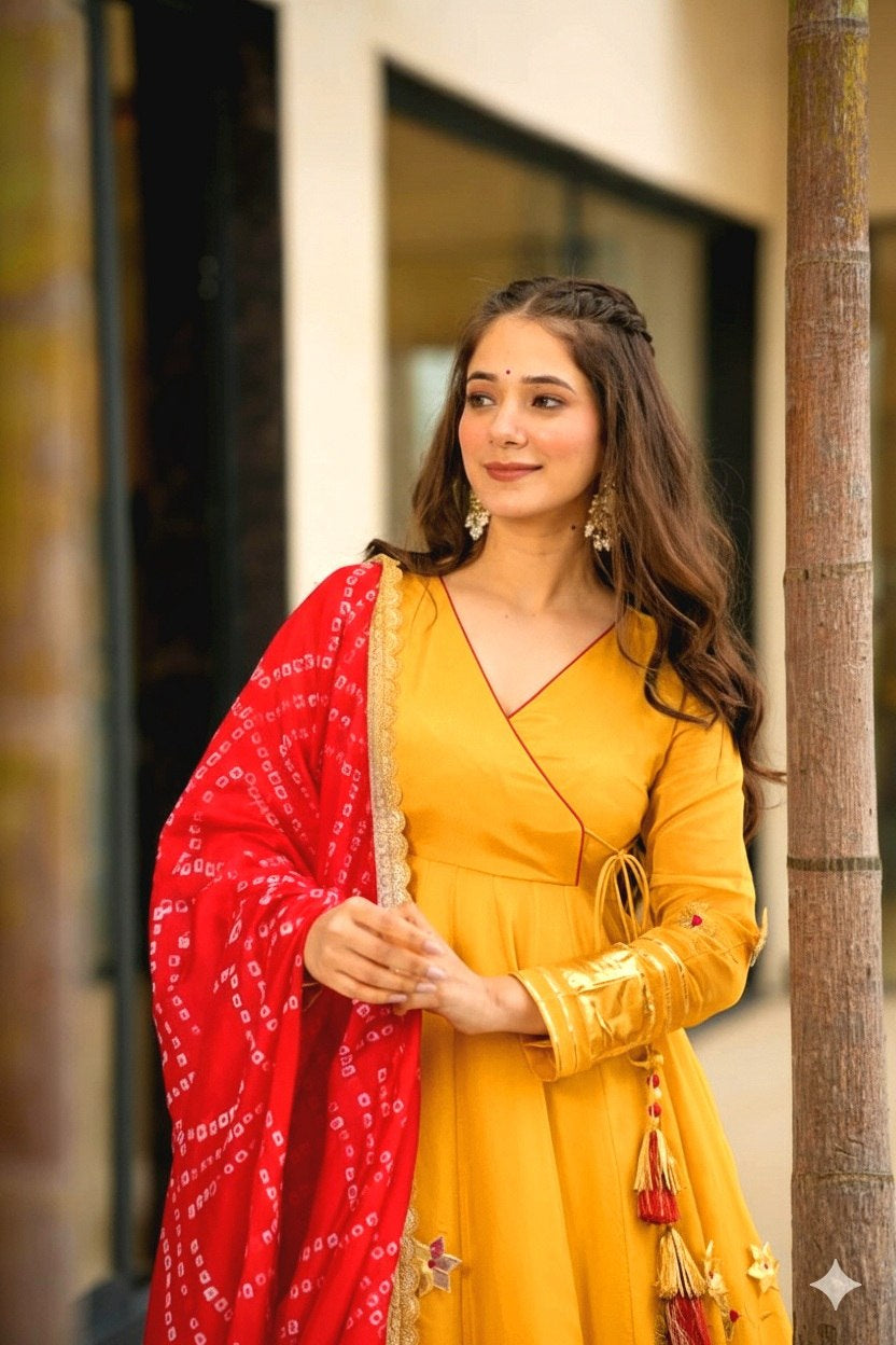 Womenline Mustard Yellow Anarkali Suit Set with Bandhani Dupatta