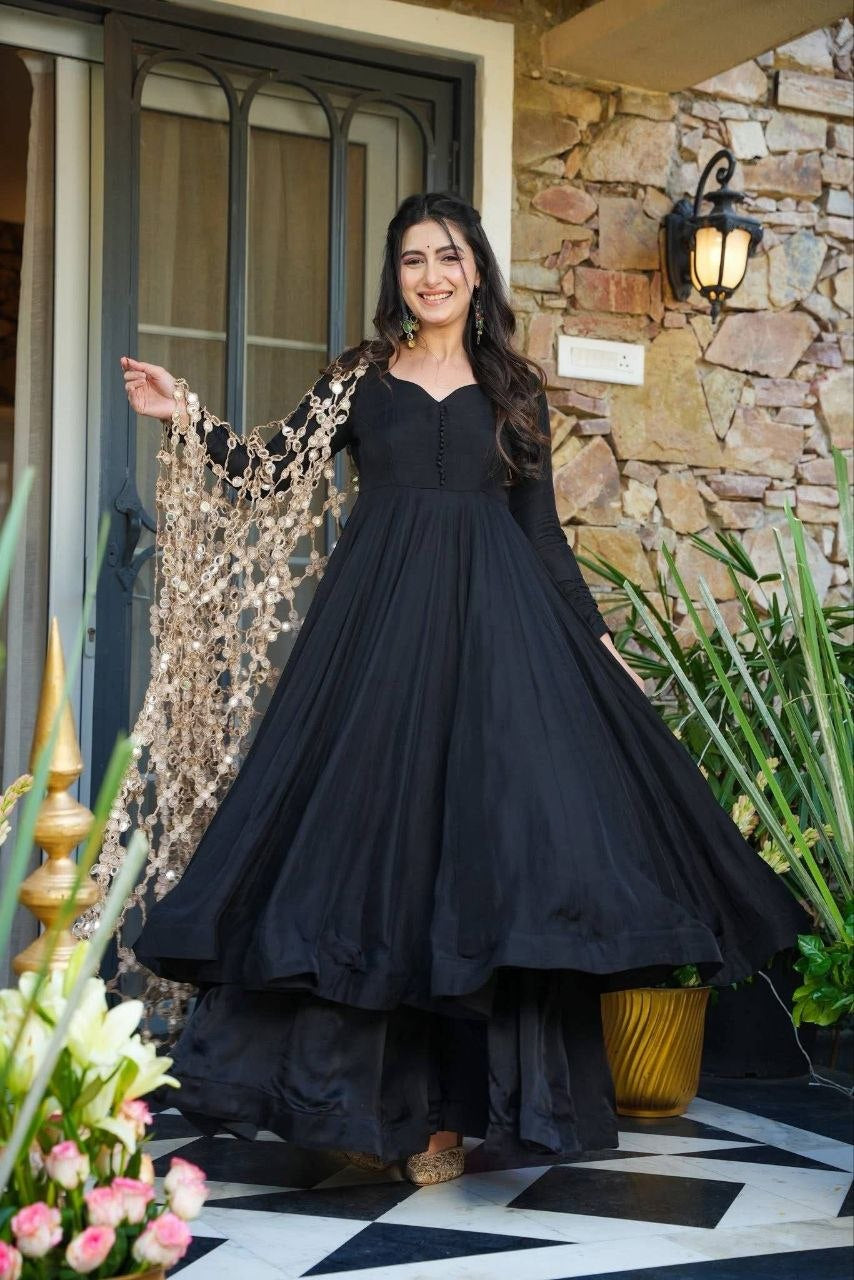 Womenline Black Anarkali Kurta Set with Heavy Embroidered Net Dupatta