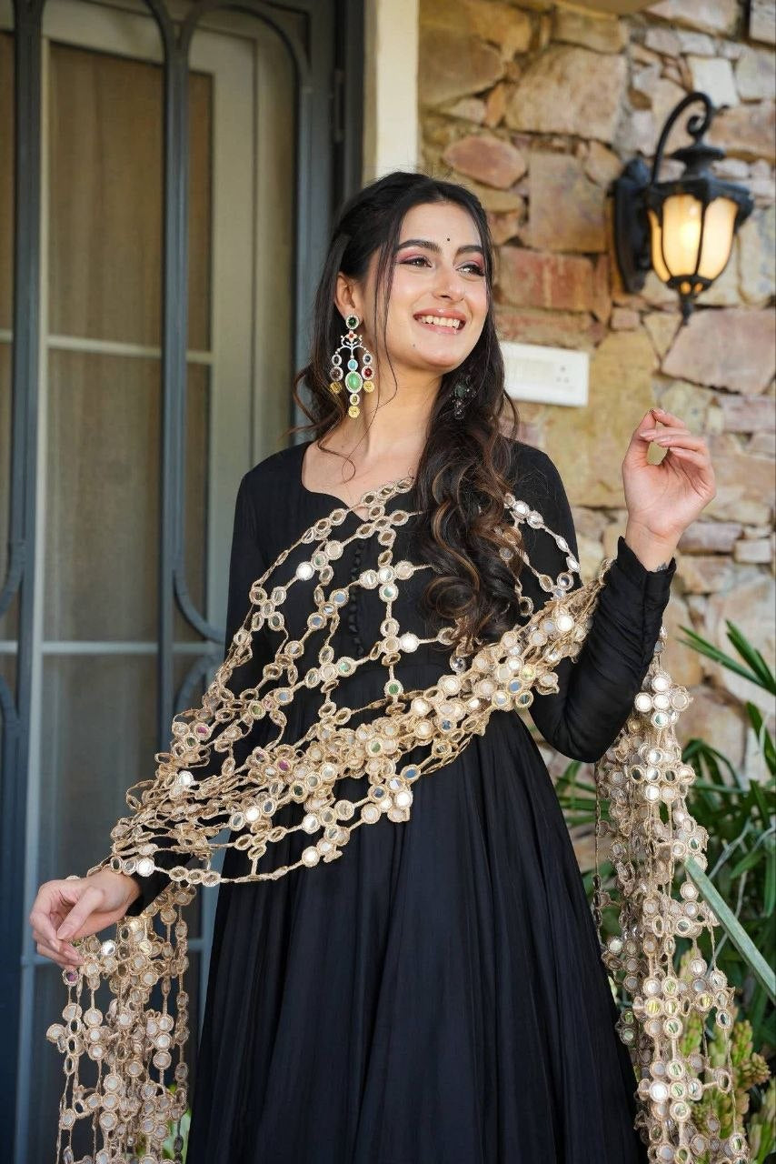Womenline Black Anarkali Kurta Set with Heavy Embroidered Net Dupatta